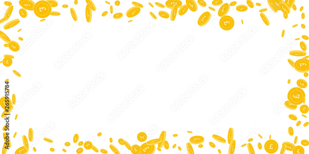 British pound coins falling. Scattered disorderly British pound coins falling. Scattered disorderly