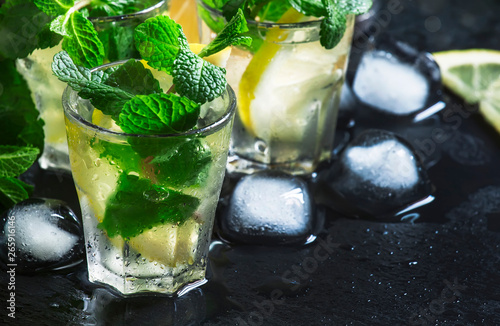 Alcoholic cocktail with vodka, mint tea, lemon juice, ice, sugar syrup and fresh peppermint, black background, selective focus photo