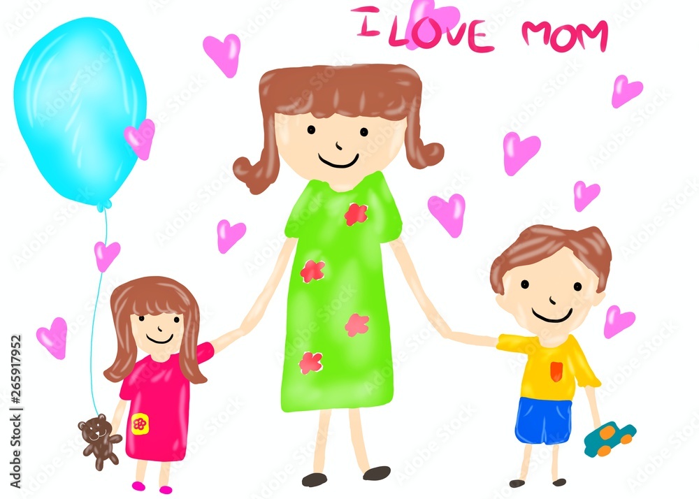 Hand drawn, Cartoon of mother and child isolated on white background, Mothers day concept Hand drawn, Cartoon of mother and child isolated on white background, Mothers day concept