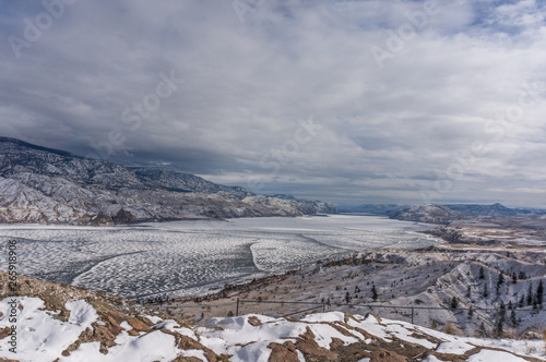 panoramic view of mountains and lake in winter