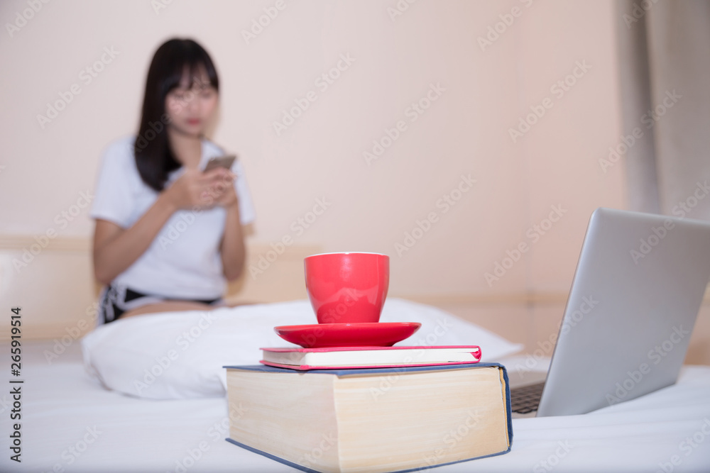 Happy casual beautiful woman working on a laptop sitting on the bed in the house. Happy casual beautiful woman working on a laptop sitting on the bed in the house.