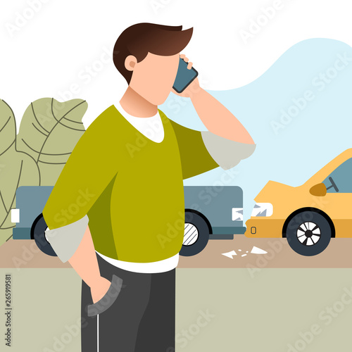 Man had a car accident. Motor Insurance. Guy calling by cell phone (mobile phone). Flat vector illustration. 