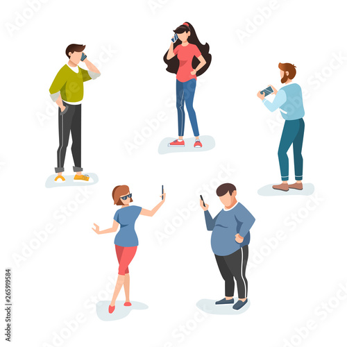 Male and female cartoon characters isolated on white background. Men and women using their cellphones (mobile phones). Flat vector illustration. 