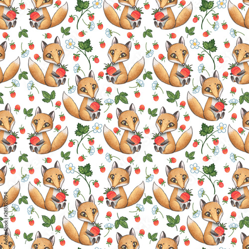 Cute little fox and strawberry seamless pattern (ID: 265920954)