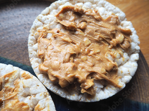 crispy peanut butter on a gluten free rice waffle photo