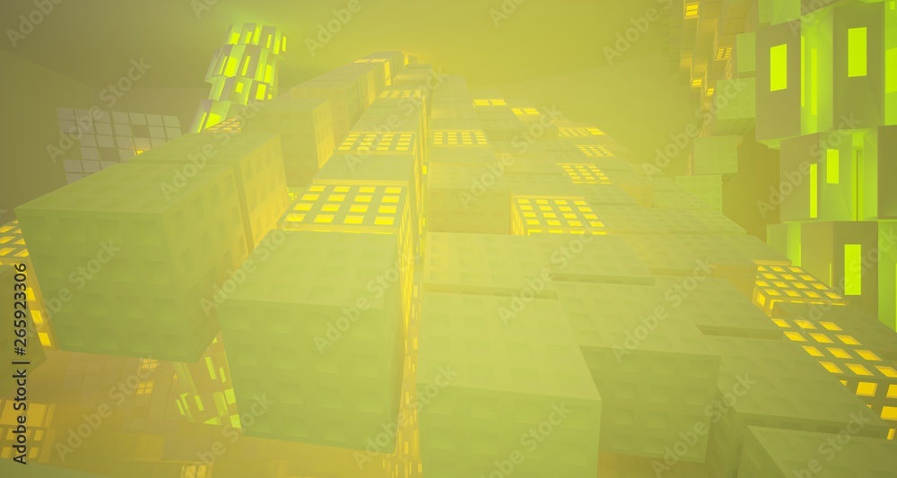 Fototapeta premium Abstract white Futuristic Sci-Fi interior With Purple And Yellow Glowing Neon Tubes . 3D illustration and rendering.