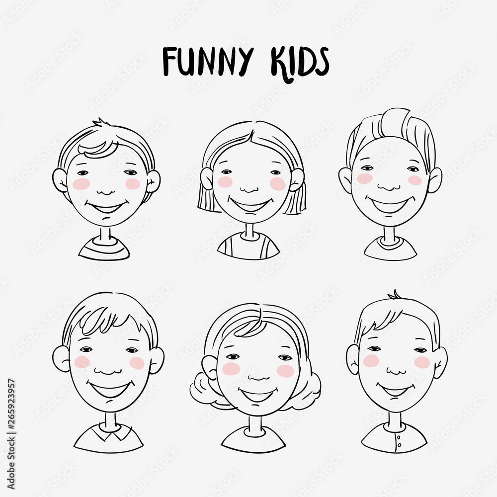 Funny kids. Vector cute boys and girls collection. Multi-ethnic group of happy children. Different cartoon faces icons Funny kids. Vector cute boys and girls collection. Multi-ethnic group of happy children. Different cartoon faces icons