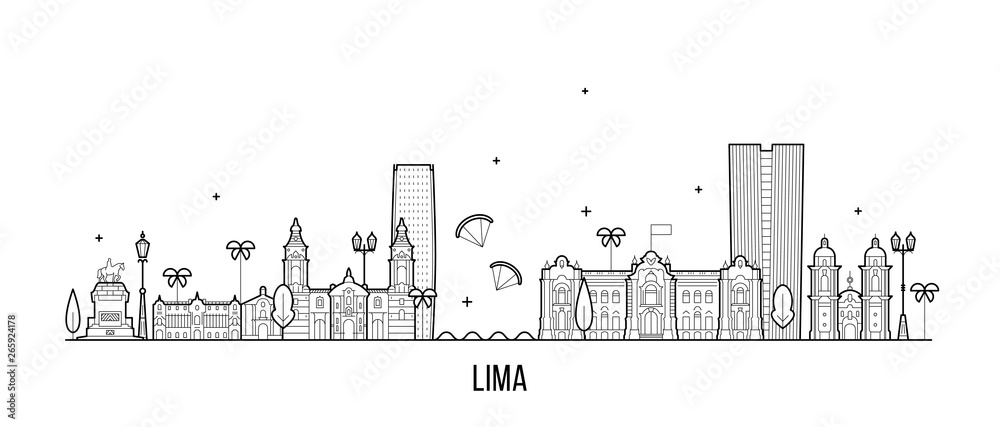 Lima skyline Peru city buildings vector linear