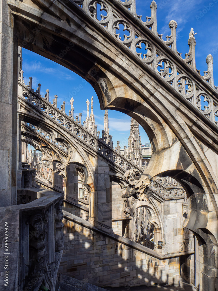 Milano, Italy. The spiers of white marble that adorn the entire cathedral. The Duomo is the most famous landmark in Milan