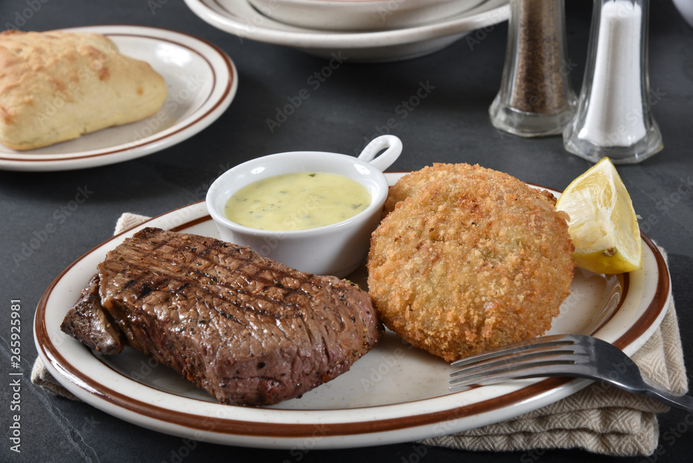 Steak and crab cakes