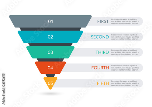Sales and Marketing Funnel. Business pyramid template with 5 steps. Conversion cone process. Vector illustration. photo