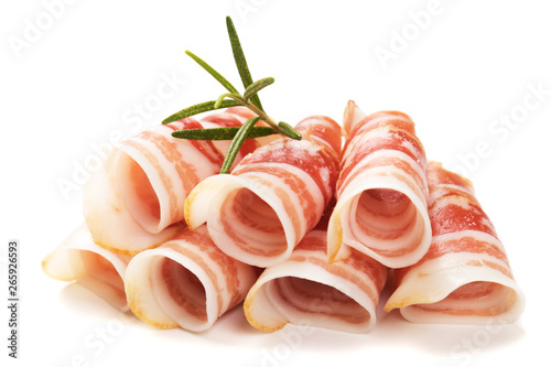 Rolls of pancetta bacon isolated on white