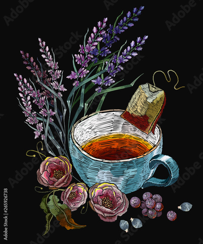 Embroidery cup of tea, pink roses, lavender and wild berries. Fashion forest autumn art. Template for clothes, tapestry, t-shirt design. Aromatherapy and homeopathy concept