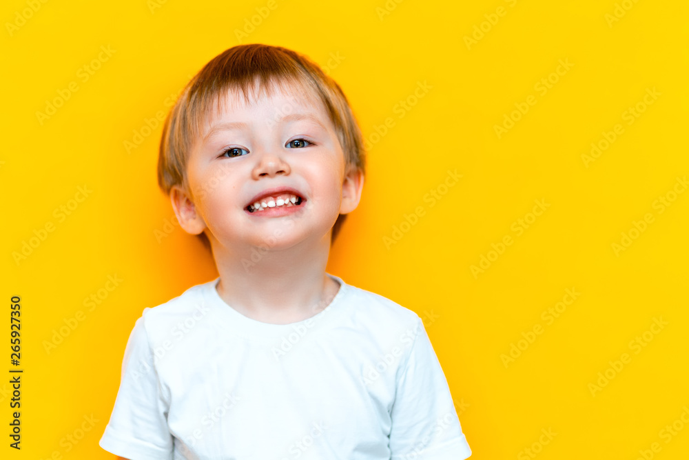 portrait of cheerful little boy child three years old, standing isolated over yellow background. Looking camera. showing white teeth, smiling portrait of cheerful little boy child three years old, standing isolated over yellow background. Looking camera. showing white teeth, smiling