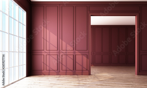 Fototapeta Naklejka Na Ścianę i Meble -  Modern classic burgundy empty interior space with wall panels decorate and wooden floor. 3d rendering