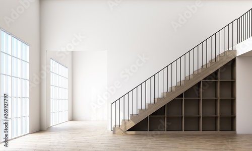 Double space modern loft interior, staircase view 3d rendering