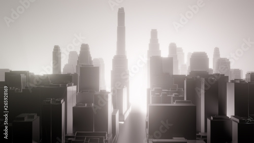 City in fog. Air pollution