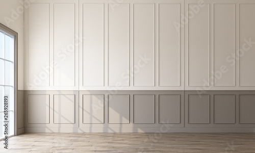 Modern classical pattern wall decorate and woodern floor. 3d rendering