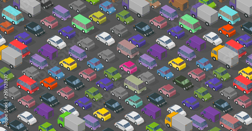 Isometric traffic jam a lot of multi-colored cars transport highway background pattern. Top view of the road and cars.