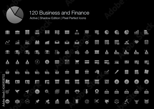 120 Business and Finance Pixel Perfect Icons (Filled Style Shadow Edition). Vector icons set of business, office, financial, commercial, and analytic.