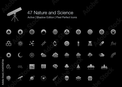 47 Nature and Science Pixel Perfect Icons (Filled Style Shadow Edition). Vector icons for nature, science, space, biology, and medical research.