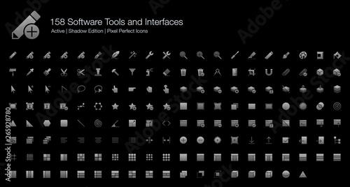 158 Software Tools and Interfaces Pixel Perfect Icons (Filled Style Shadow Edition). Vector icons set for software development and user interfaces designs.