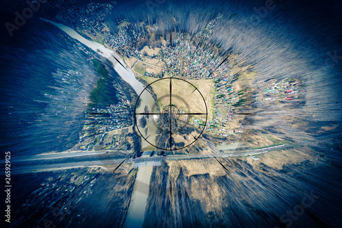Fotografie Close-up, a small town, a village with small houses, a river, a bridge, roads and other strategically important objects to be under the gun and shadowed