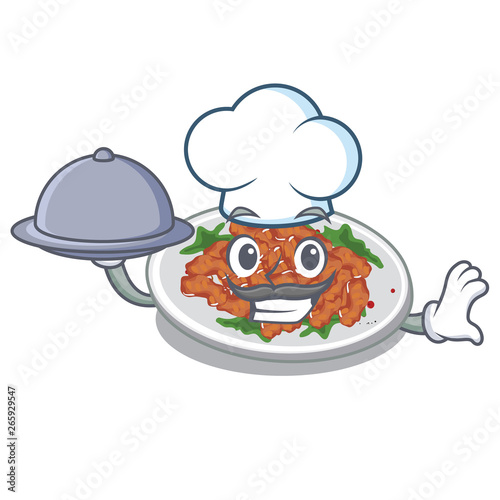 Chef with food sesame chicken in a cartoon bowl