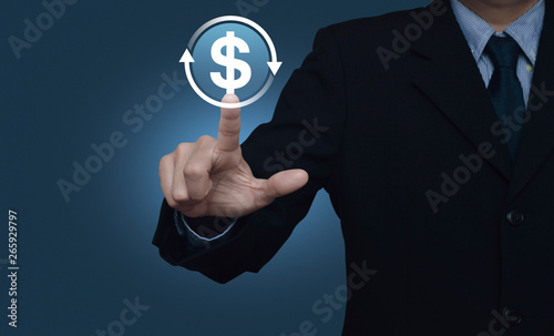 Businessman pressing money transfer flat icon over gradient light blue background, Business currency exchange service concept