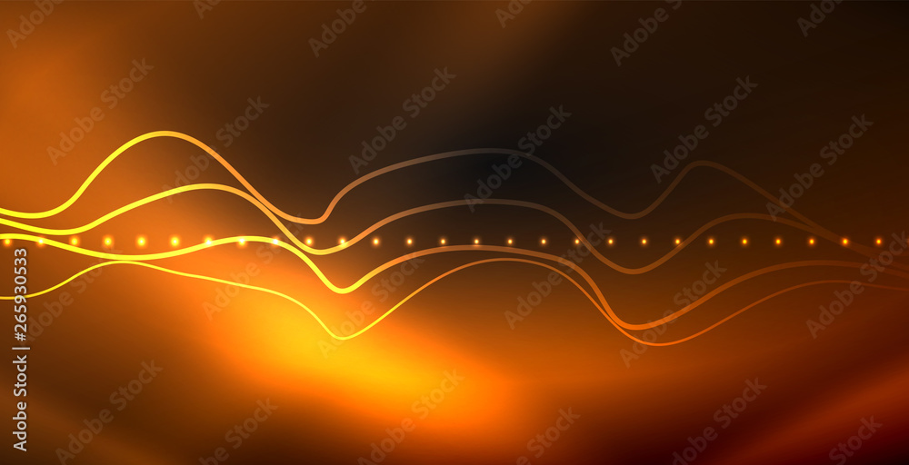 Fototapeta premium Glowing abstract wave on dark, shiny motion, magic space light. Techno abstract background