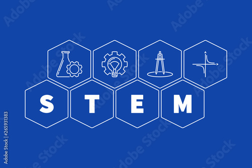 Science, Technology, Engineering and Mathematics STEM vector concept hexagon illustration on blue background