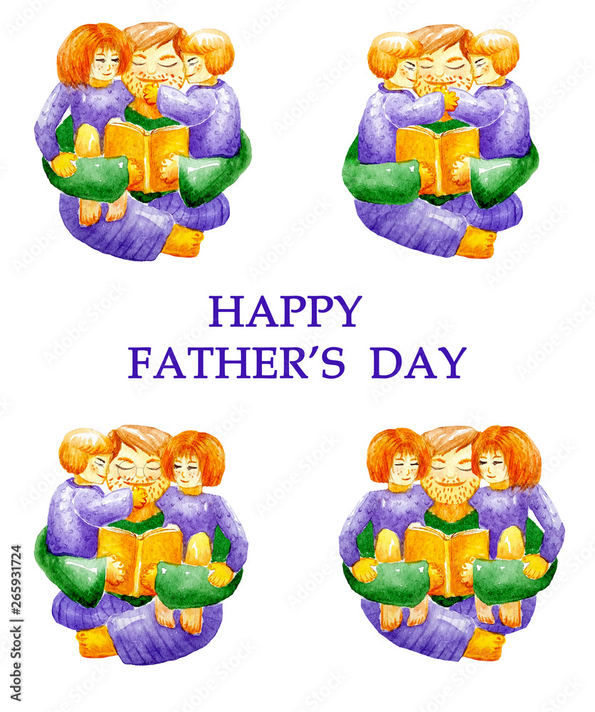 Happy Fathers Day Watercolor Set Collection Of Dad Hugging His