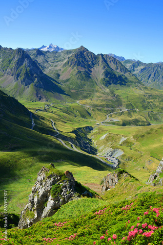 View of the mountain road. Col du Tourmalet in Pyrenees mountains. France