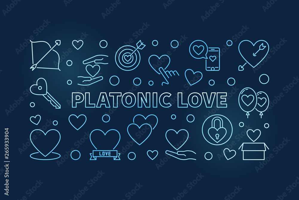 Platonic Love vector blue outline banner or illustration on dark background