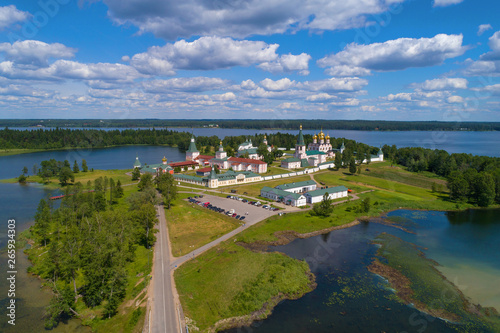 View of the Valdaskyi Iversky Bogoroditsky Monastery on a sunny June day (aerial photography). Novgorod region, Russia