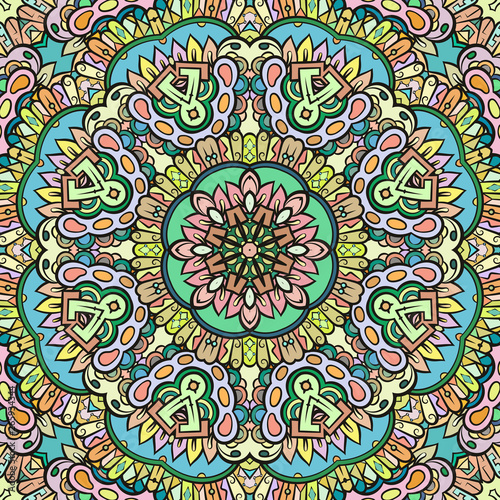 Seamless tracery tile mehndi design. Ethnic ornament, colorful doodle symmetry texture. Folk traditional spiritual tribal design. Curved doodling motif. Color art. Vector