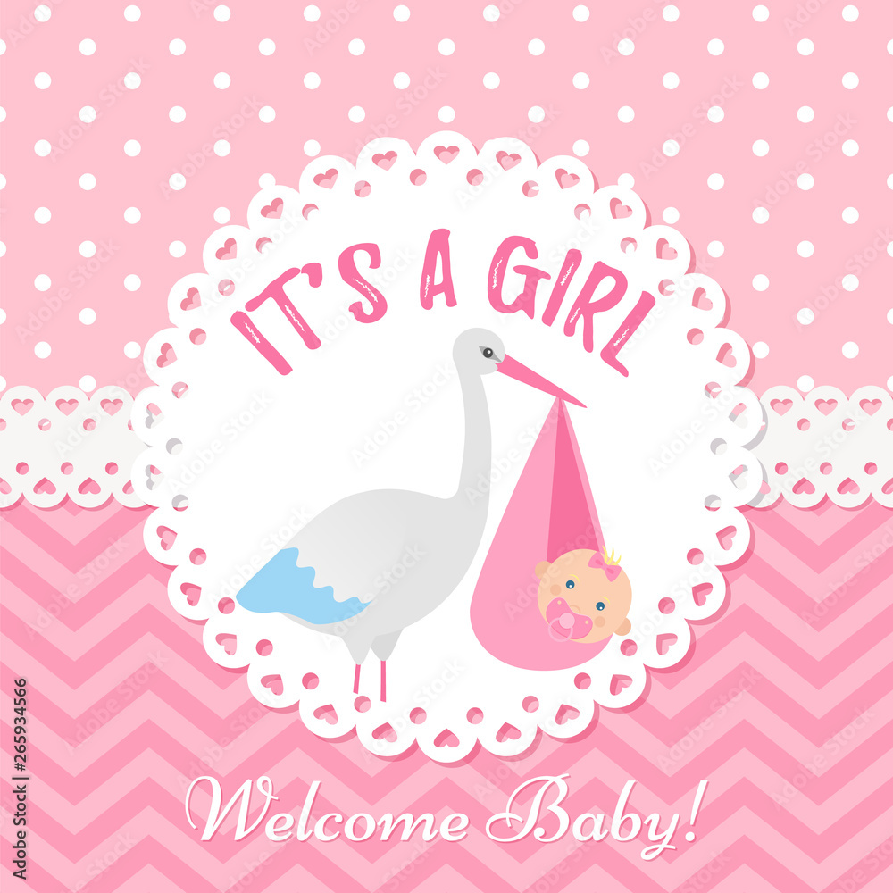 Obraz premium Baby invite card. Vector Baby Shower girl design. Cute pink banner. Birth party background. Happy greeting poster. Welcome template invitation with stork and newborn kid. Cartoon illustration.