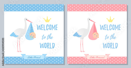 Baby Shower invitation card. Vector. Baby boy girl banner. Welcome template invite. Blue, pink design. Birth party background. Set happy greeting posters with newborn kid, stork. Cartoon illustration.