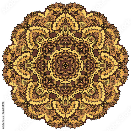 Mandala, tracery wheel mehndi design. Ethnic ornament, colorful doodle symmetry texture. Folk traditional spiritual tribal design. Curved shape, isolated on white. Color art. Vector