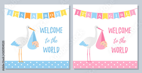 Baby Shower invitation. Vector. Welcome template invite card. Baby boy girl banner. Blue, pink design. Birth party background. Set happy greeting posters with newborn kid, stork. Cartoon illustration.