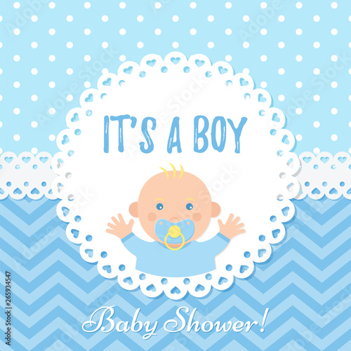 Baby boy card. Baby Shower boy design. Cute blue banner. Vector. Birth party background. Happy greeting poster. Welcome template invite with newborn kid, polka dot, zig zag. Cartoon illustration