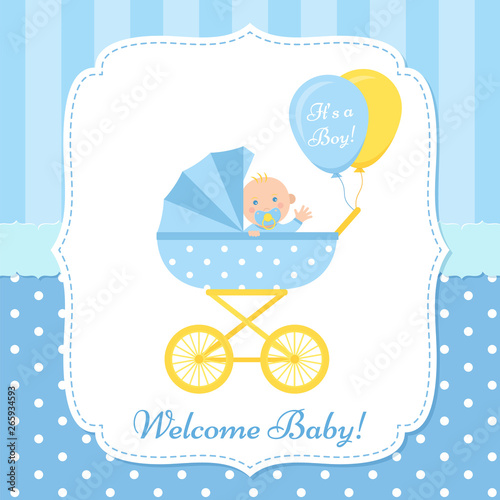 Baby boy invite card. Vector. Baby Shower banner. Blue design invitation. Cute birth party background. Welcome template. Happy greeting poster with newborn kid and pram. Cartoon flat illustration.