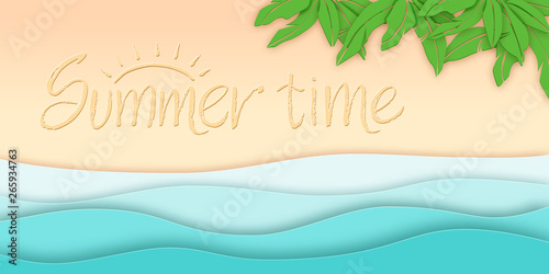 Top view background with sea, beach and palm in a paper cut style with lettering Summer time. Vector illustration EPS10