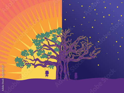 Big tree and girl on swing silhouette