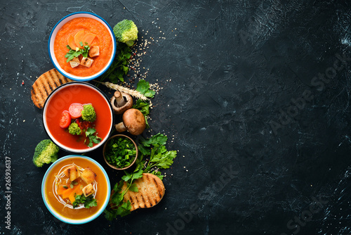 Obraz na plátně Assortment of colored vegetable cream soups