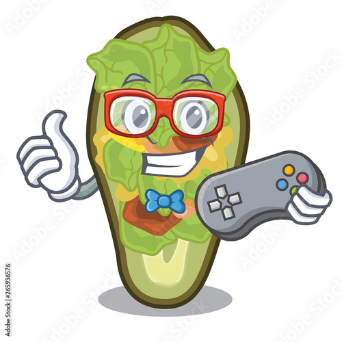 Gamer stuffed avocado on a character board
