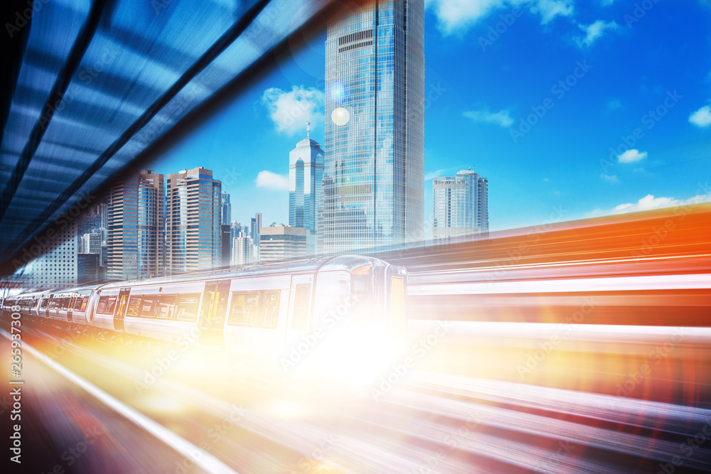 Fototapeta premium Motion blur of high speed train moving in Hong Kong