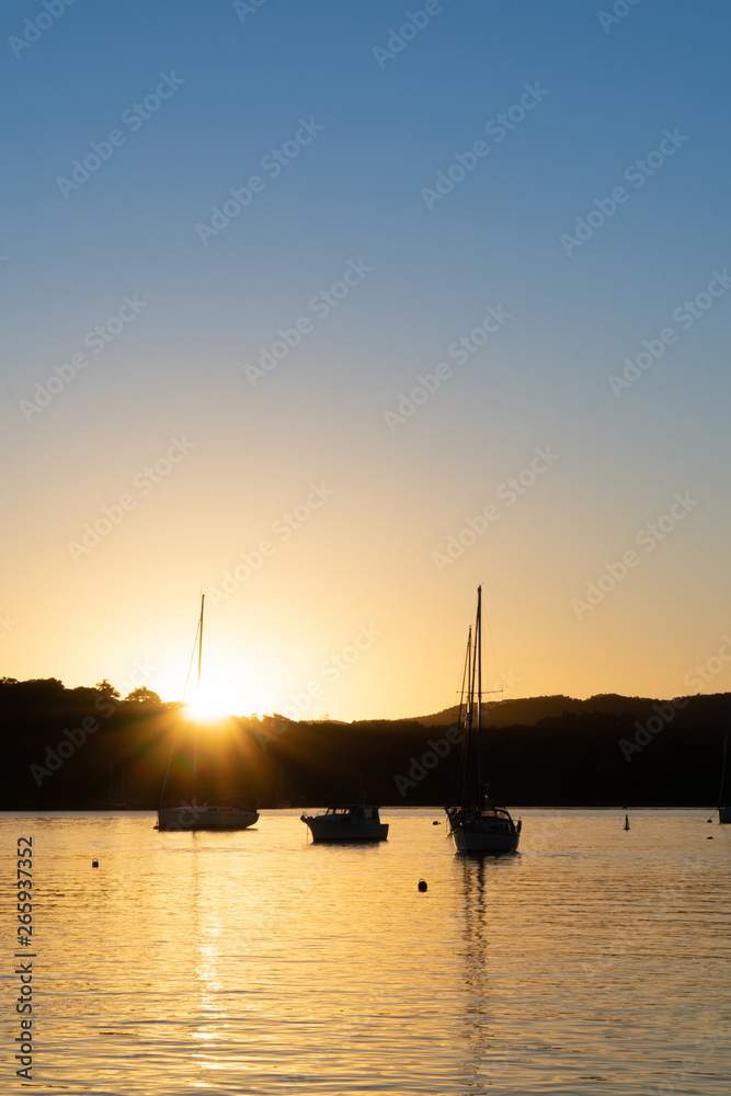 Sunset Behind Boats in the Bay of Island New Zealand - Vertical with Copy Space