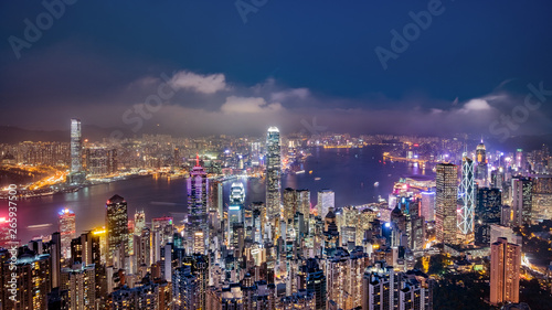 Panorama view of Hong Kong skyline on the evening seen from Victoria peak, Hong Kong, China.