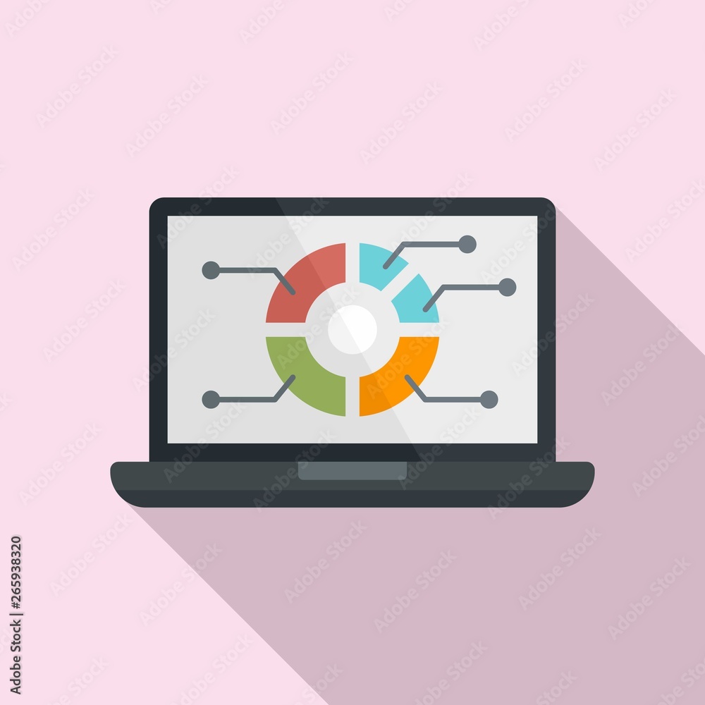 Pie graph on laptop screen icon. Flat illustration of pie graph on laptop screen vector icon for web design Pie graph on laptop screen icon. Flat illustration of pie graph on laptop screen vector icon for web design
